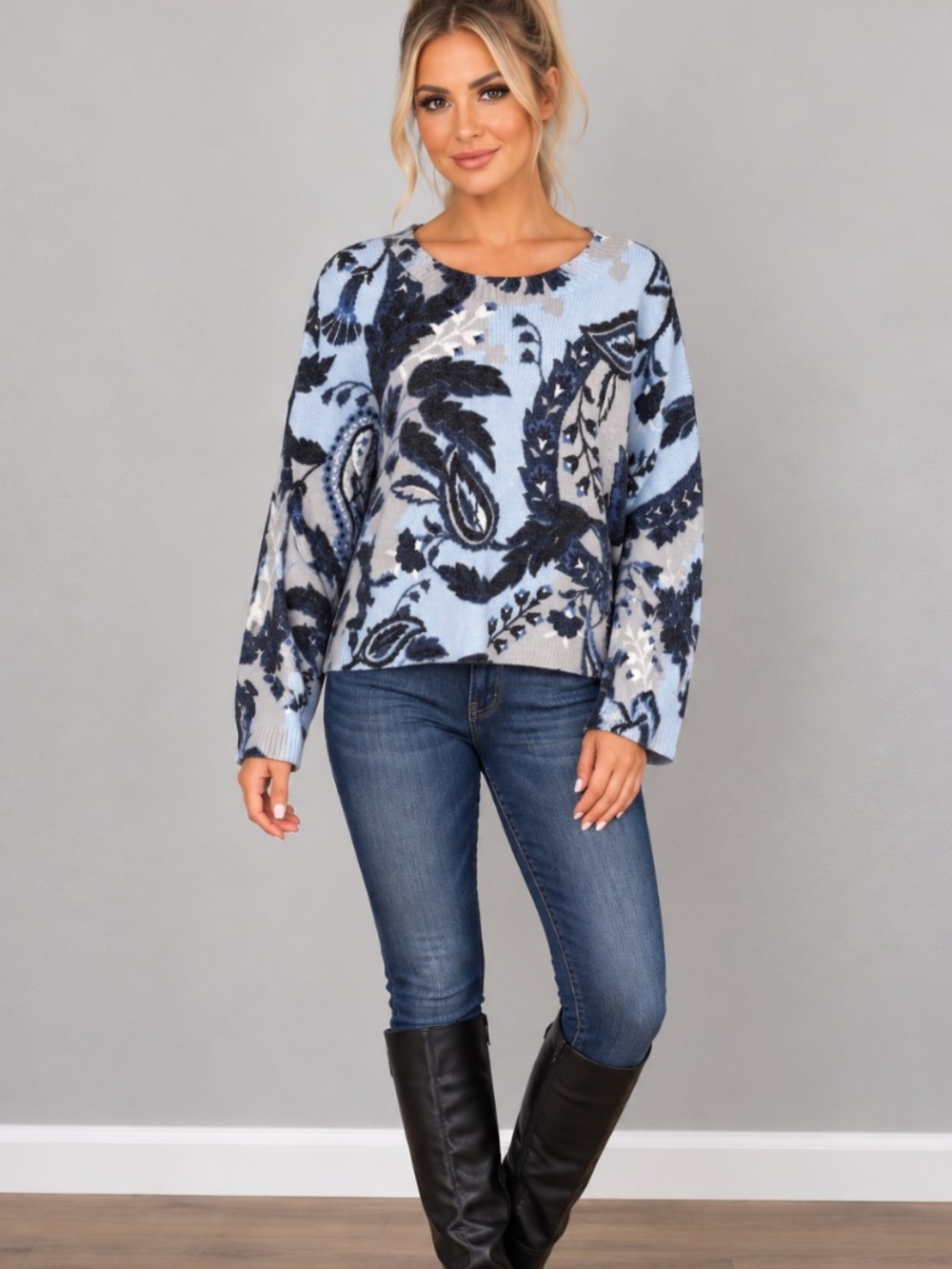 Ann Taylor NEW Blue Gray Paisley Floral Knit Crewneck Sweater Cozy Soft Size XL